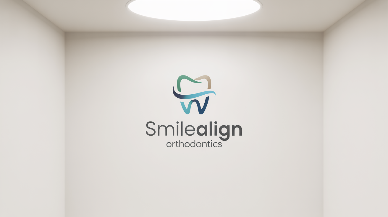 A modern orthodontic logo for 'SmileAlign Orthodontics' featuring an abstract teal and silver tooth icon above the text, set against a plain white background.