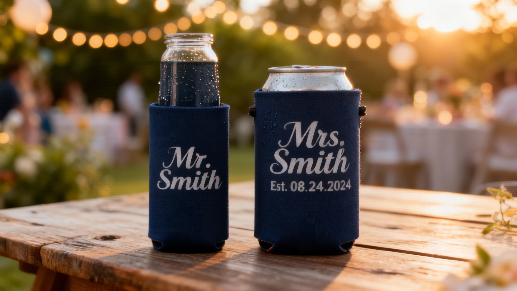 A photorealistic hero image showing two finished custom wedding koozies, one for 'Mr. Smith' and one for 'Mrs. Smith', holding cold cans on a wooden table at a festive outdoor event.