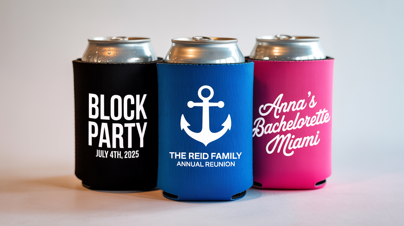 Three custom-designed neoprene can koozies in black, blue, and pink, displayed as a product mockup on a clean white background. They feature fictional event text for a block party, a family reunion, and a bachelorette party.