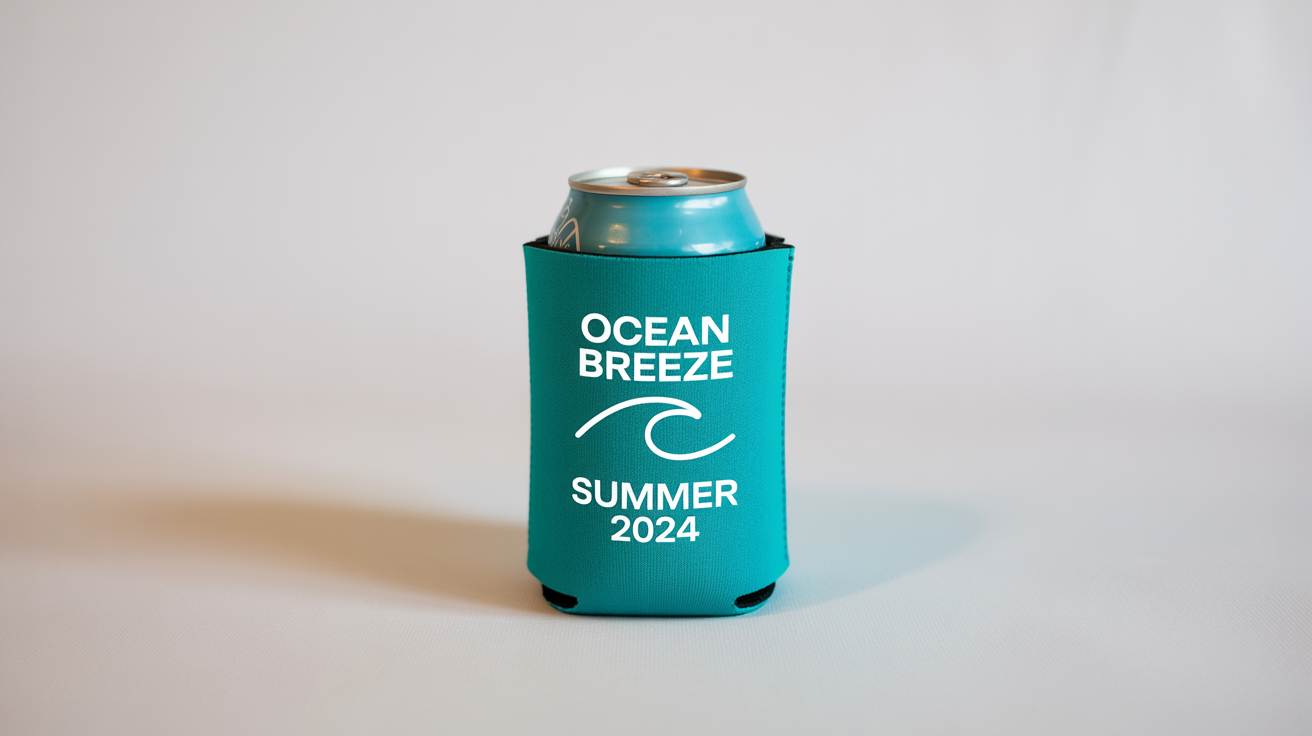 A photorealistic mockup of a teal can koozie with the text 'OCEAN BREEZE' printed on it, holding a silver can against a white background.