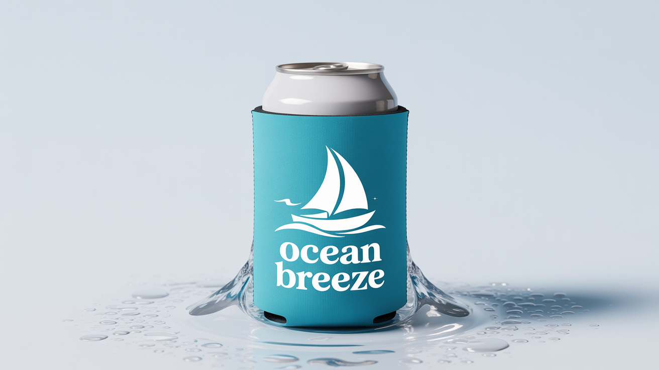 A photorealistic product mockup of a turquoise koozie on a cold aluminum can, featuring a sailboat graphic and the text 'OCEAN BREEZE'. The koozie and can are covered in condensation, set against a clean white background.