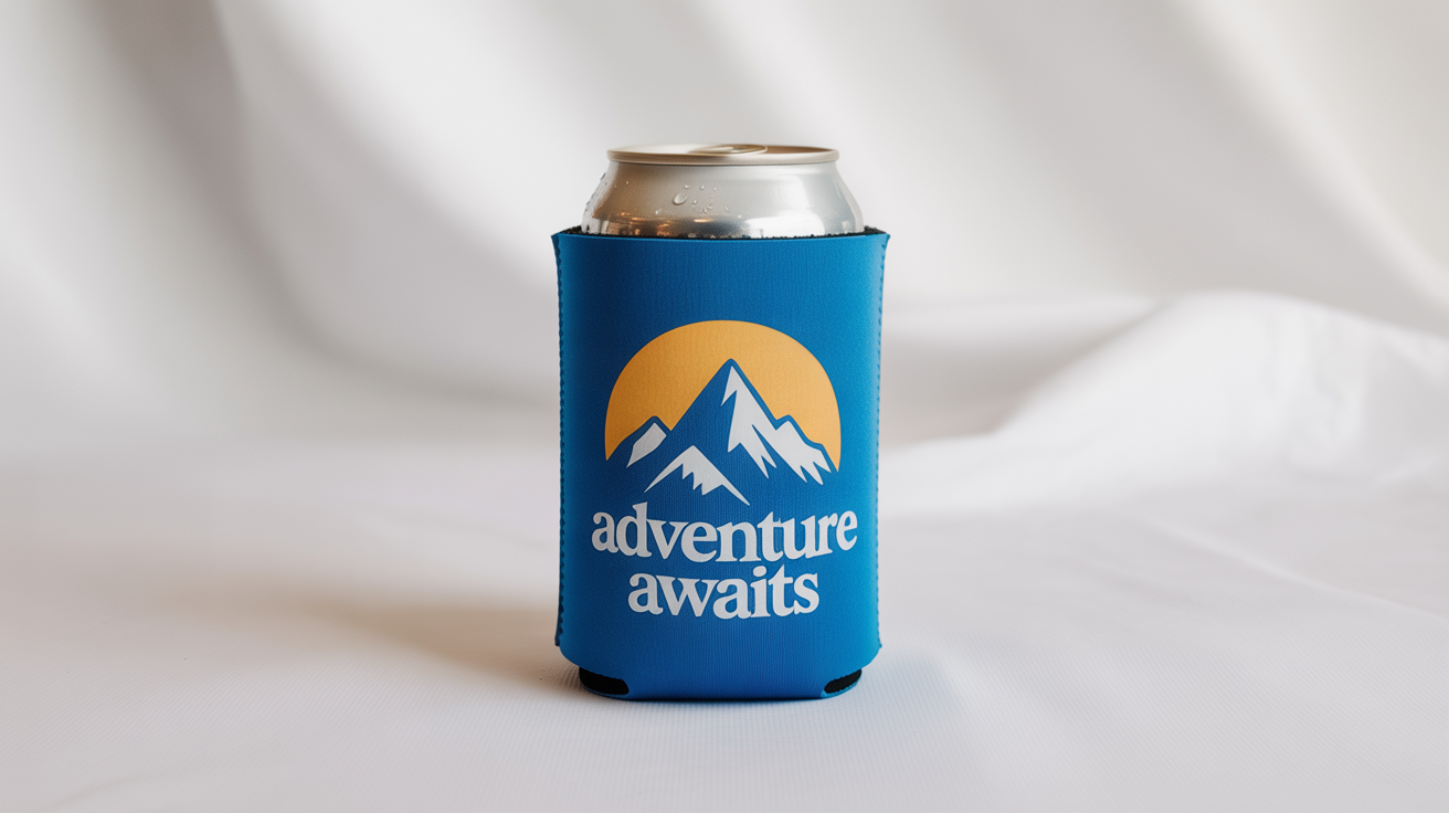 A photorealistic mockup of a royal blue koozie with a mountain graphic and the text 'ADVENTURE AWAITS', fitted onto a cold beverage can against a white background.
