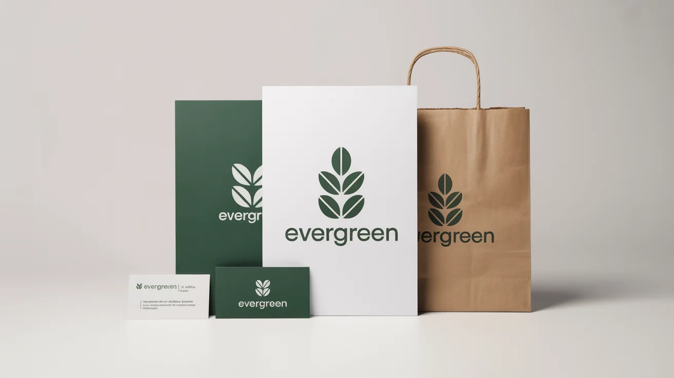 A modern, minimalist leaf logo for a brand named 'Evergreen', showcased on a business card, letterhead, and shopping bag in a professional branding display.