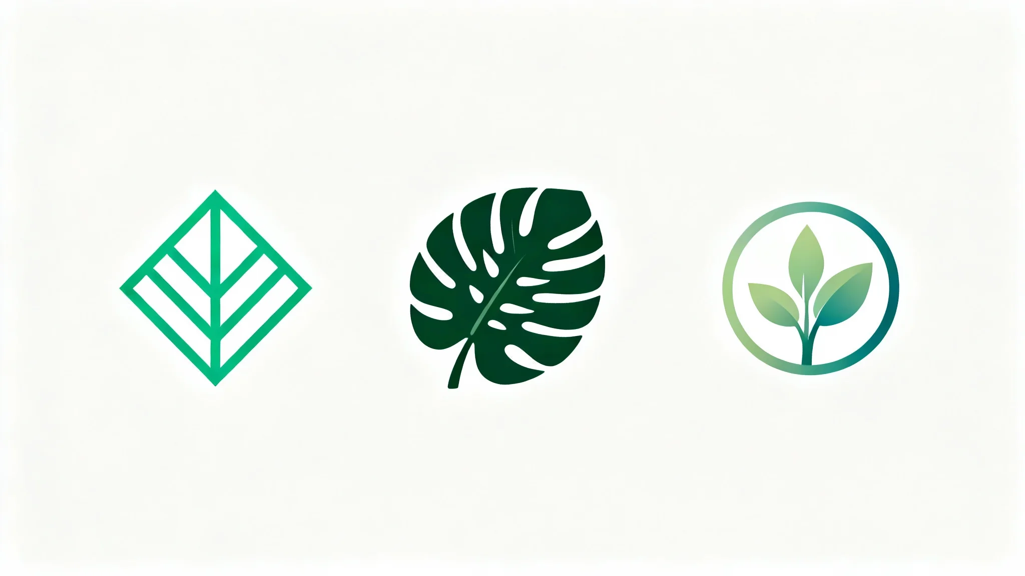 Three modern, minimalist leaf logos displayed side-by-side on a white background, showcasing various styles of eco-friendly branding in shades of green.