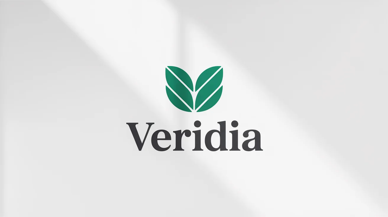 A minimalist logo mockup featuring a stylized emerald green leaf icon above the word 'Veridia' in a dark gray font, all on a solid white background.