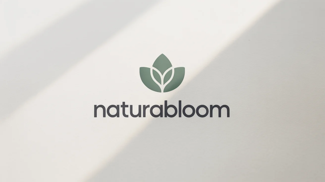 A modern and minimalist leaf logo mockup for a brand named 'NaturaBloom'. The logo consists of a stylized sage green leaf icon positioned above the brand name, all set against a clean white background.