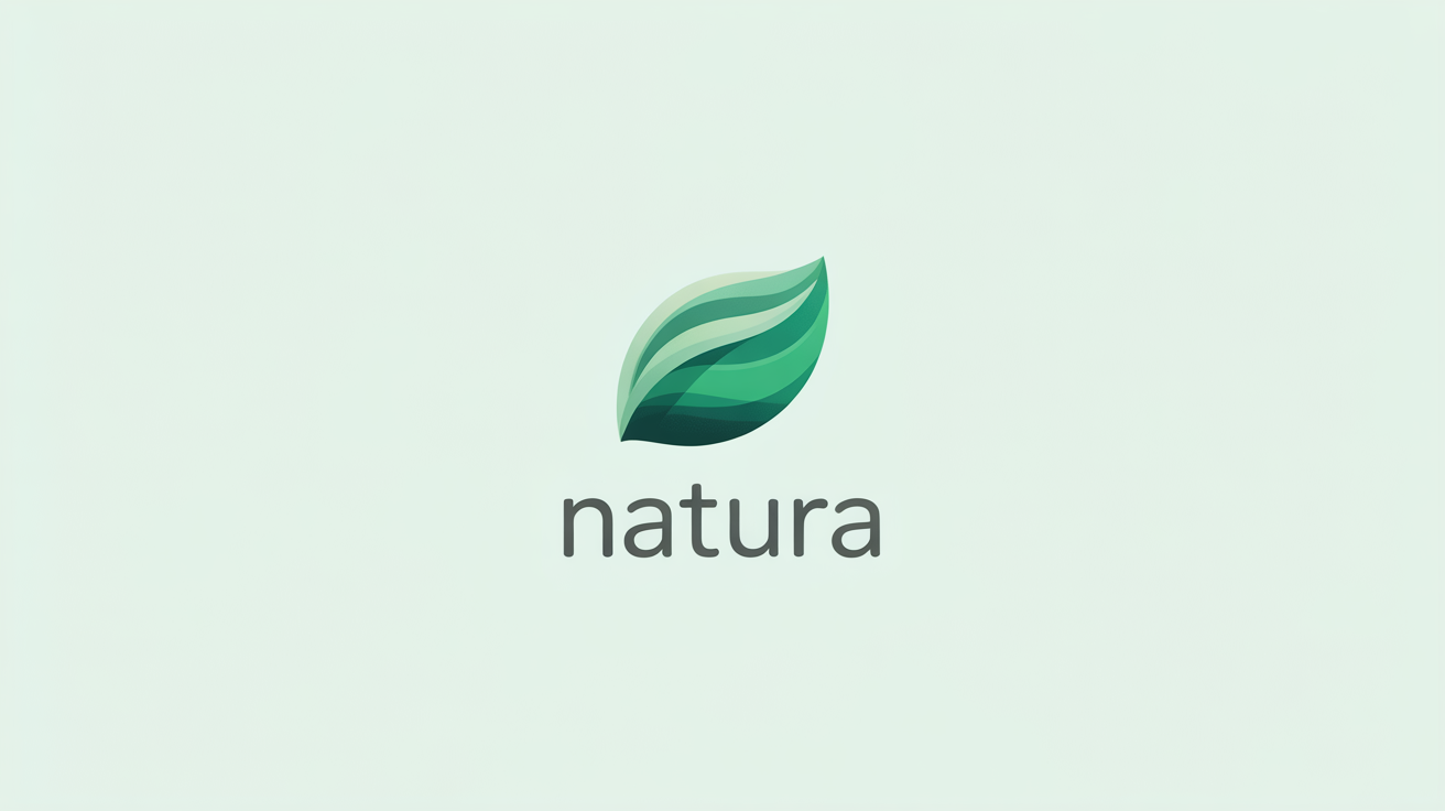 A modern, minimalist logo of a stylized green leaf with the word "Natura" written beneath it in a clean font, presented as a mockup on a white background.