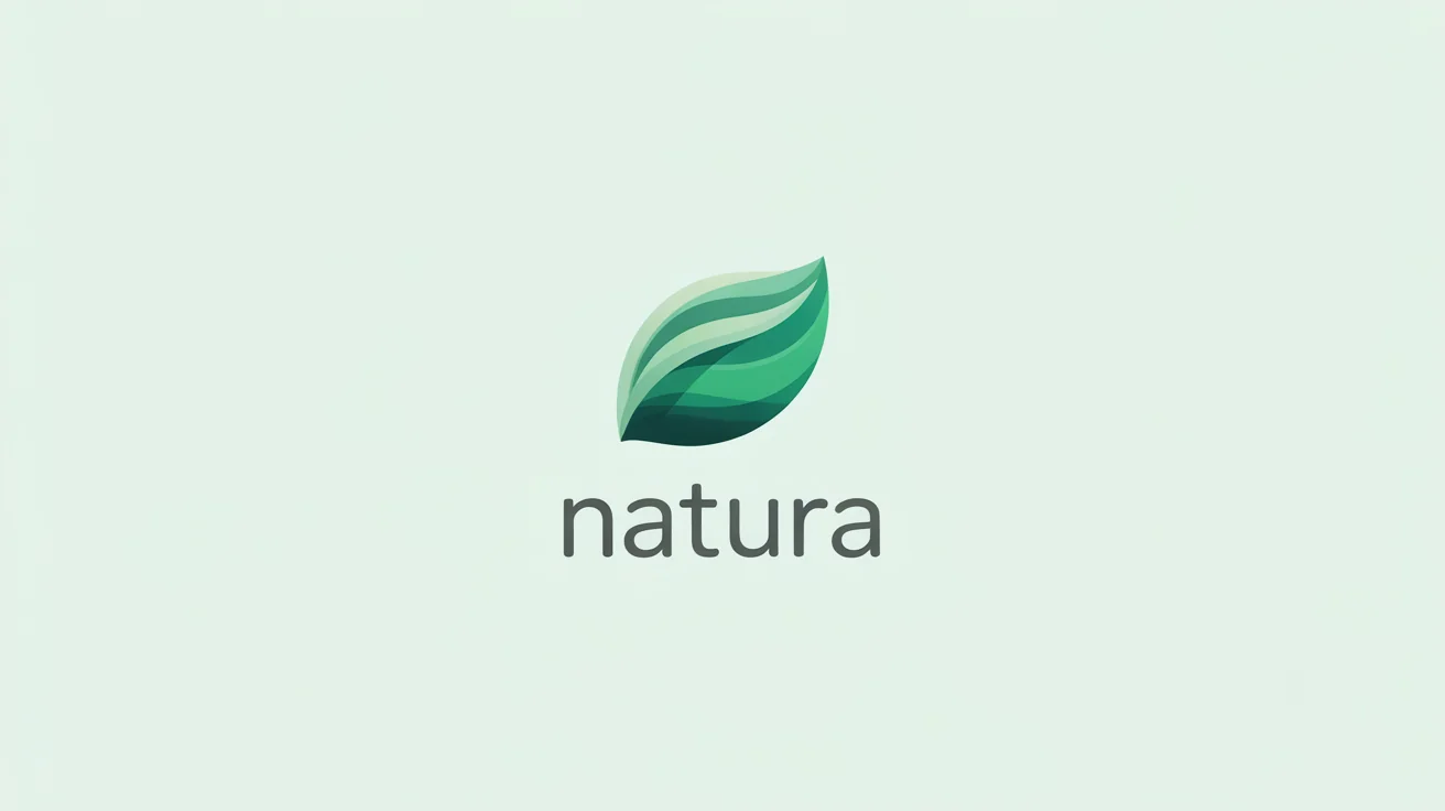 A modern, minimalist logo of a stylized green leaf with the word "Natura" written beneath it in a clean font, presented as a mockup on a white background.