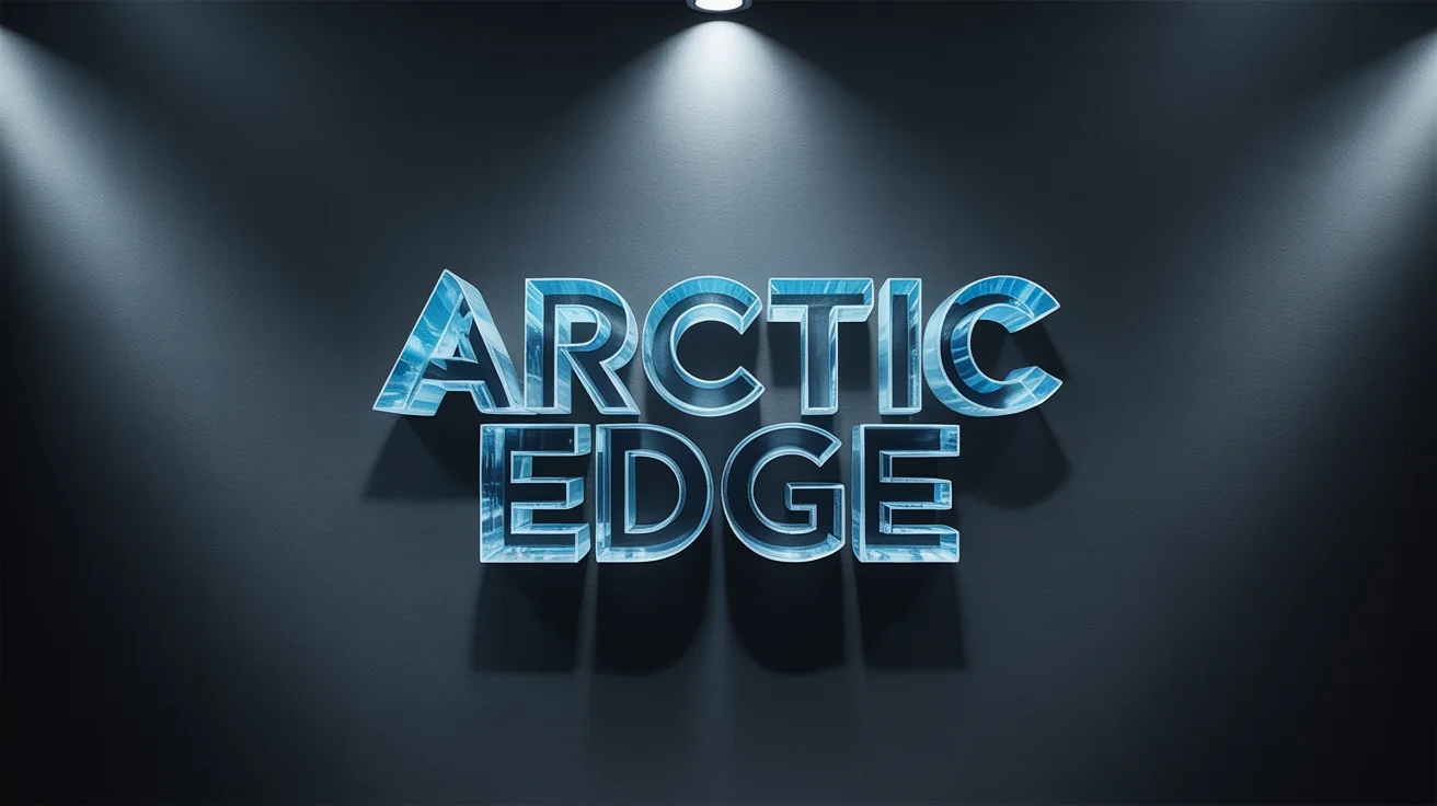 A hyper-realistic 3D logo for the fictional brand 'Arctic Edge', crafted entirely from clear, shimmering ice and set against a dark background.