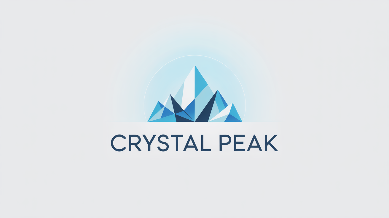 A minimalist logo for a brand called 'CRYSTAL PEAK', featuring a geometric mountain peak made of blue and white ice crystals, presented on a clean white background.