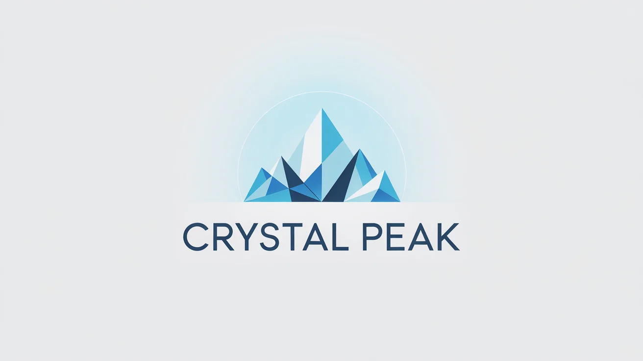 A minimalist logo for a brand called 'CRYSTAL PEAK', featuring a geometric mountain peak made of blue and white ice crystals, presented on a clean white background.