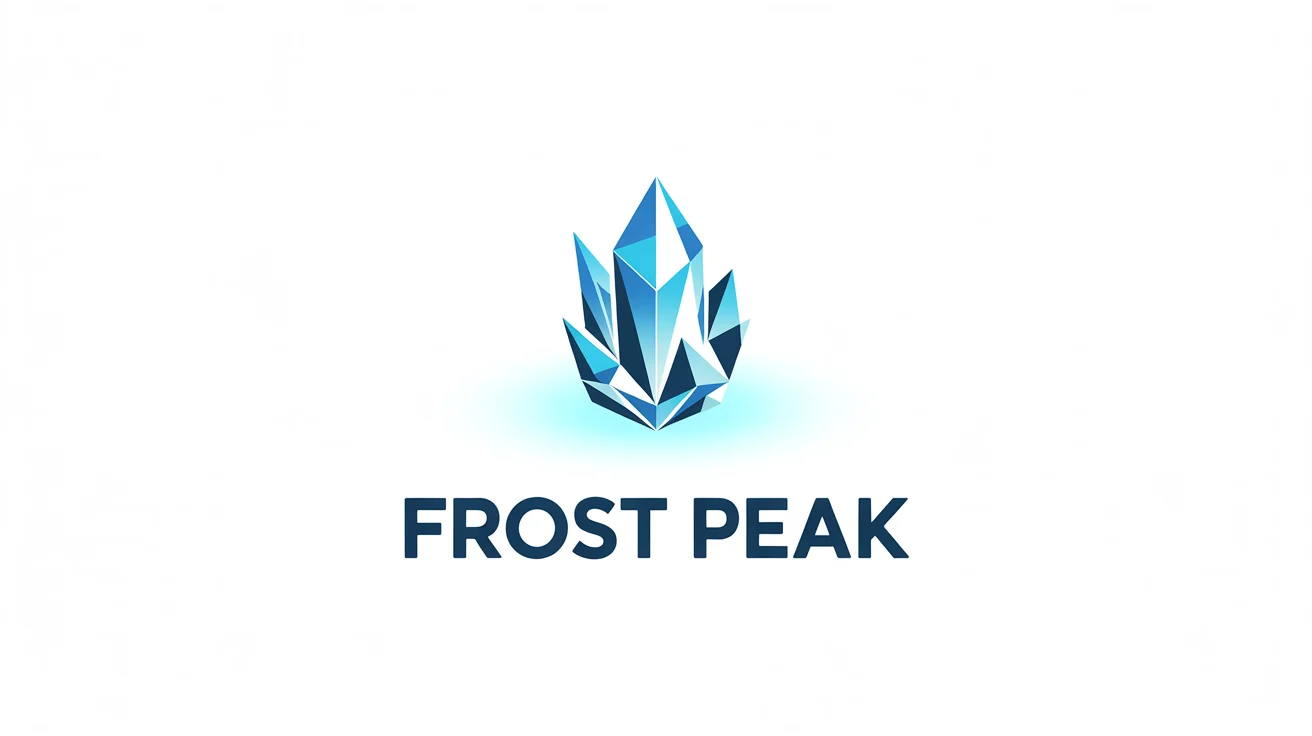 A modern logo for a brand called 'FROST PEAK', featuring a geometric blue and white ice crystal icon above the text, all on a plain white background.