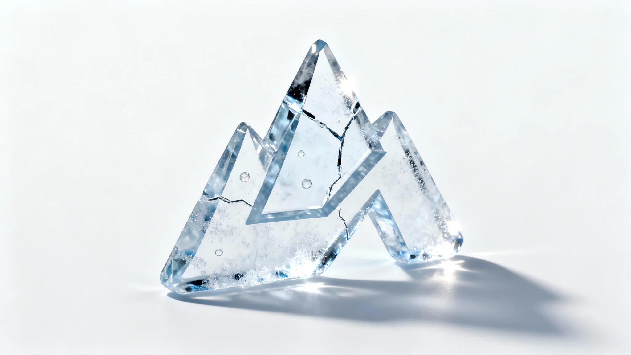A hyper-realistic 3D logo sculpted from clear ice, shaped like an abstract mountain peak, set against a stark white background. The ice shows fine cracks and a frosted texture.
