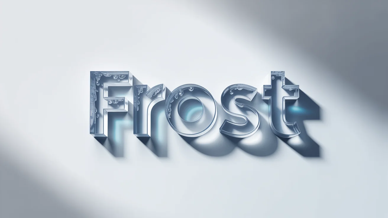 A 3D logo mockup featuring the word 'FROST' sculpted from realistic, clear ice with condensation droplets, set against a plain white background.