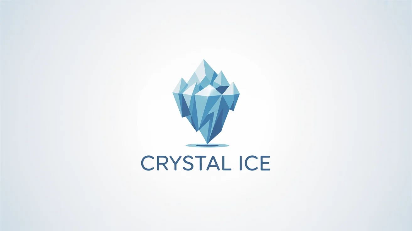 A modern logo for an ice company named 'Crystal Ice', featuring a geometric blue and white iceberg icon. The logo is displayed on a clean white background.