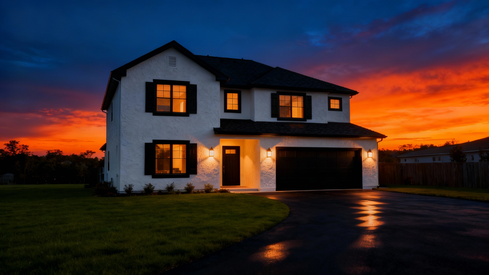 A polished, eye-catching result of a day-to-dusk photo effect on a modern two-story house. The home is warmly lit against a dramatic twilight sky, showcasing a professional real estate photography enhancement.