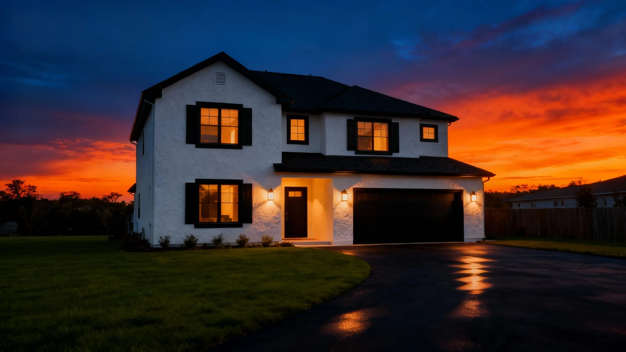 A polished, eye-catching result of a day-to-dusk photo effect on a modern two-story house. The home is warmly lit against a dramatic twilight sky, showcasing a professional real estate photography enhancement.