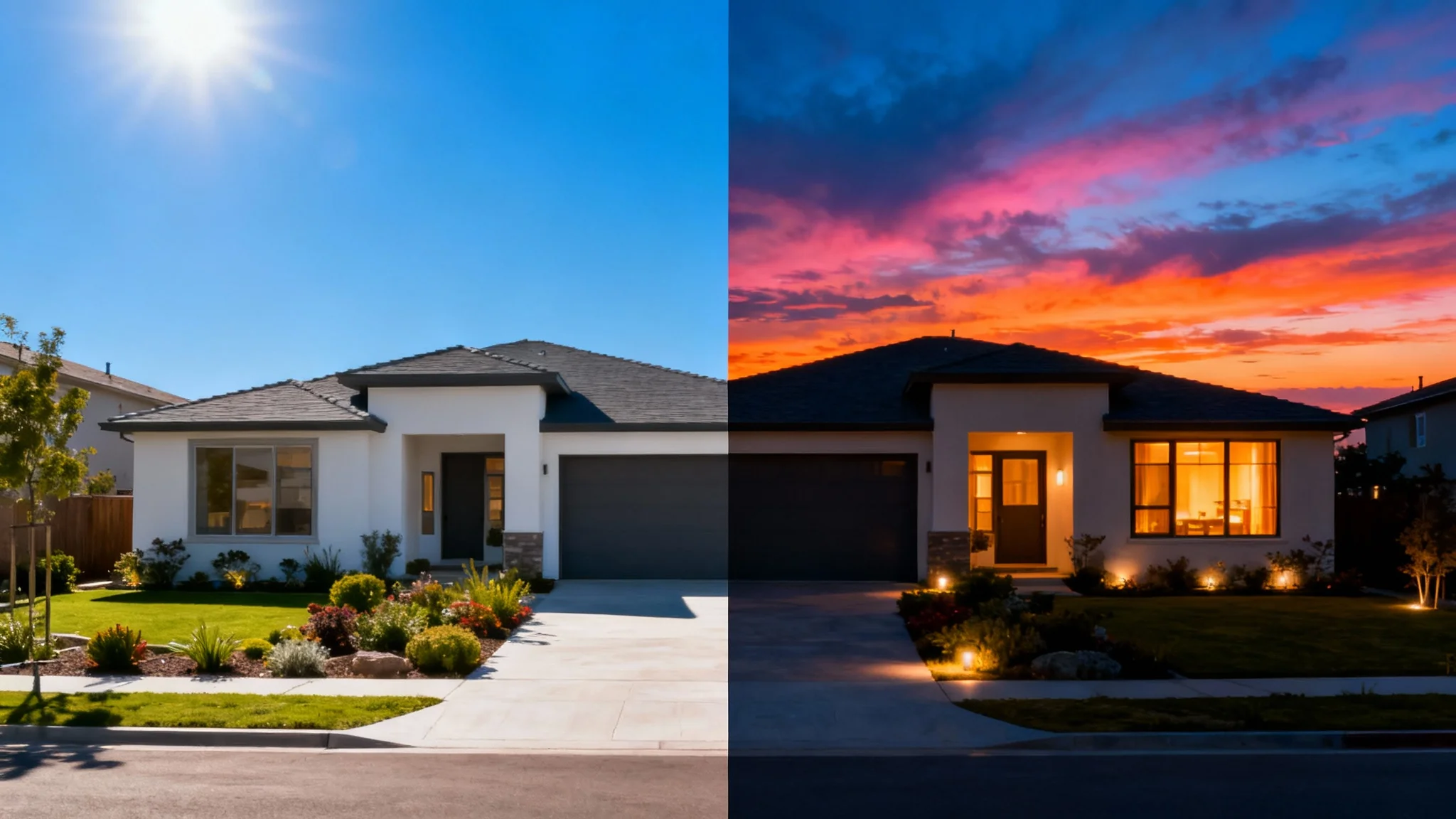 A side-by-side comparison image of a modern house. The left half shows the house in bright daylight, while the right half shows the same house at dusk with warm interior lights and a colorful sunset sky.