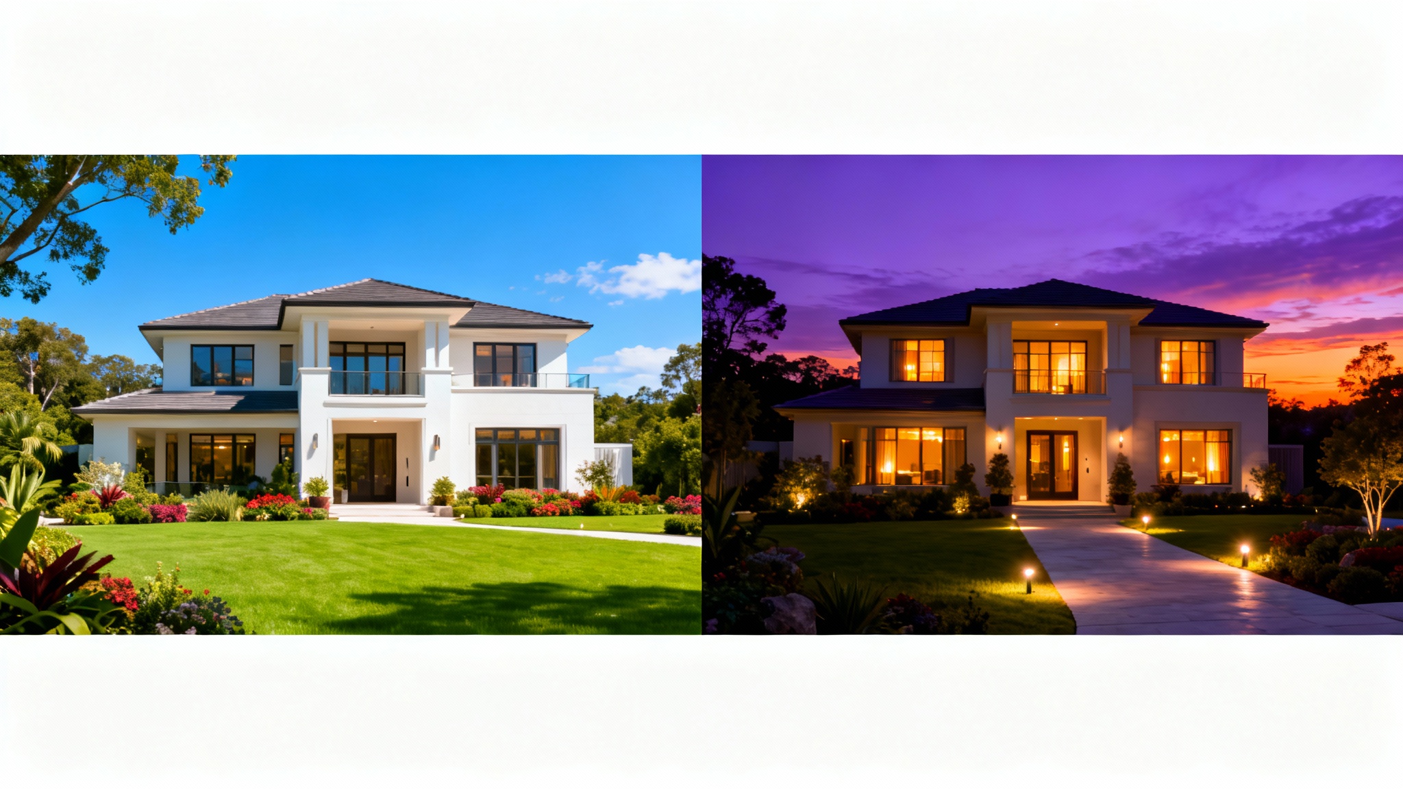 A split-screen image of a modern house demonstrating a day-to-dusk effect. The left side is in bright daylight, and the right side is at twilight with warm lights glowing from the windows.