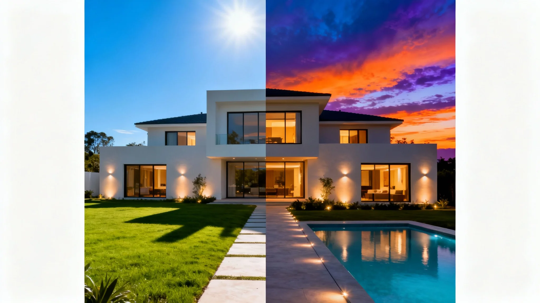 A split-screen image of a modern house, showing a side-by-side comparison of the property in bright daylight on the left and beautifully illuminated at dusk on the right.