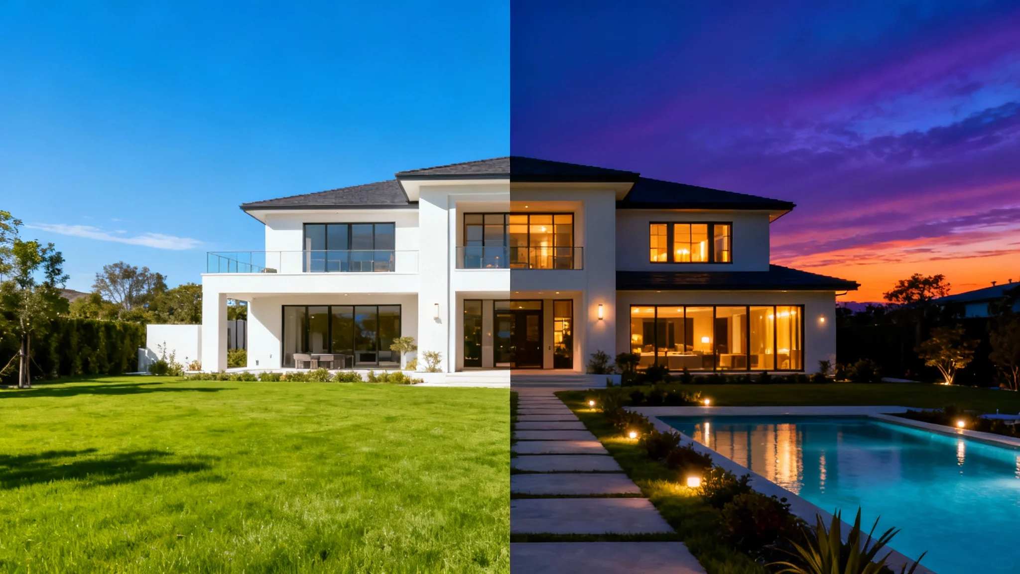 A composite real estate photo showing a modern house transitioning from day to night. The left side is in bright daylight, and the right side is at dusk with warm interior lights glowing.