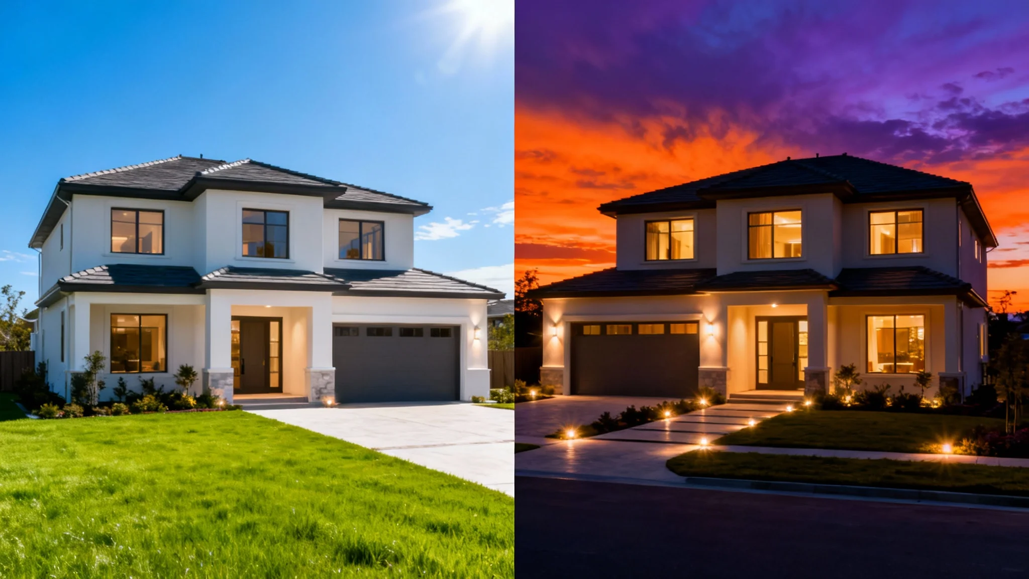A split-screen comparison of a modern luxury house, with the left side showing it in bright daylight and the right side showing it beautifully illuminated at dusk.