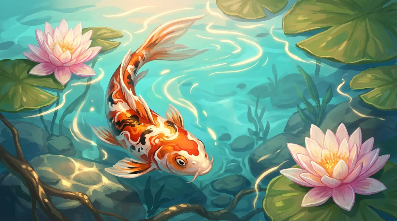 A vibrant, highly detailed digital illustration of an orange, white, and black koi fish swimming gracefully in a serene pond surrounded by water lilies, showcasing a professional and artistic style.