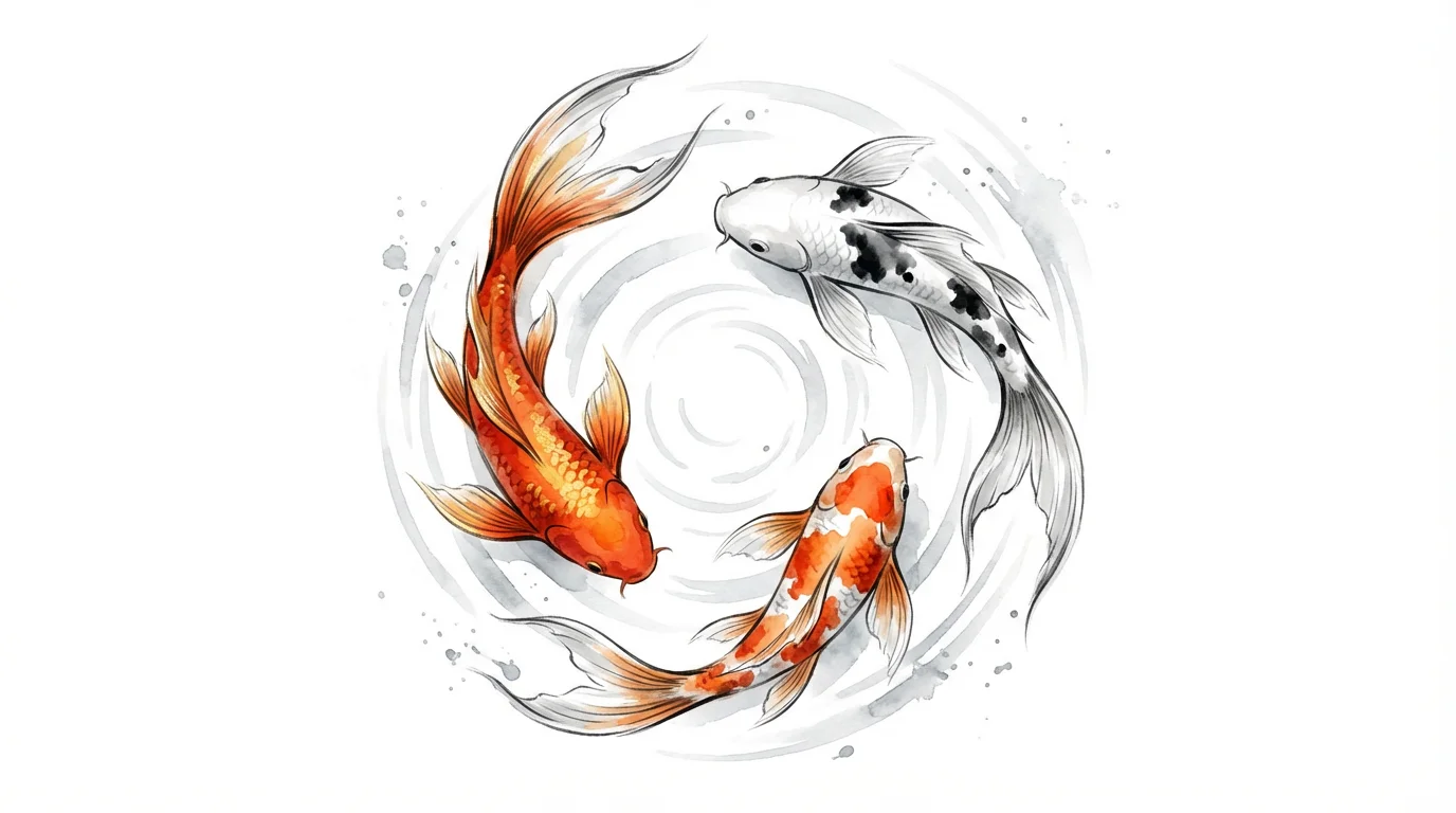 An elegant Japanese-style illustration of three orange, white, and black koi fish swimming in a circle on a white background, evoking a sense of peace and harmony.