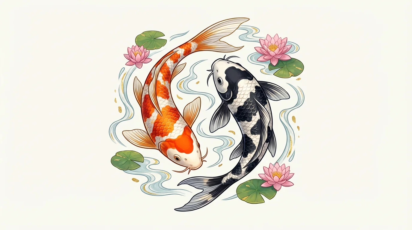 A vibrant digital illustration of two koi fish, one orange and white and one black and white, swimming in a circle on a clean white background with lotus flowers.