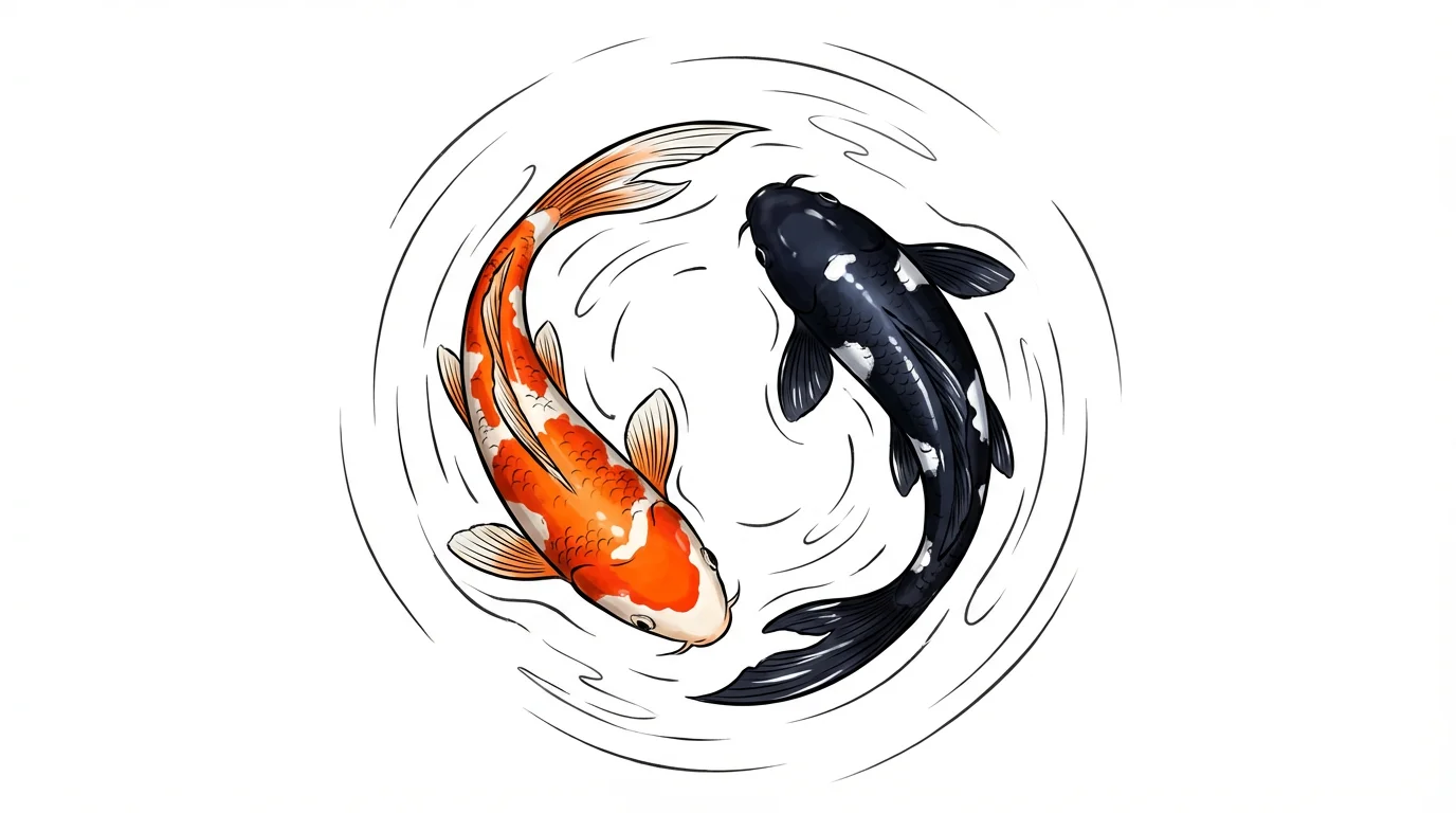 A minimalist digital illustration of an orange and white koi fish and a black and white koi fish swimming in a circle, reminiscent of a yin-yang symbol, on a clean white background.