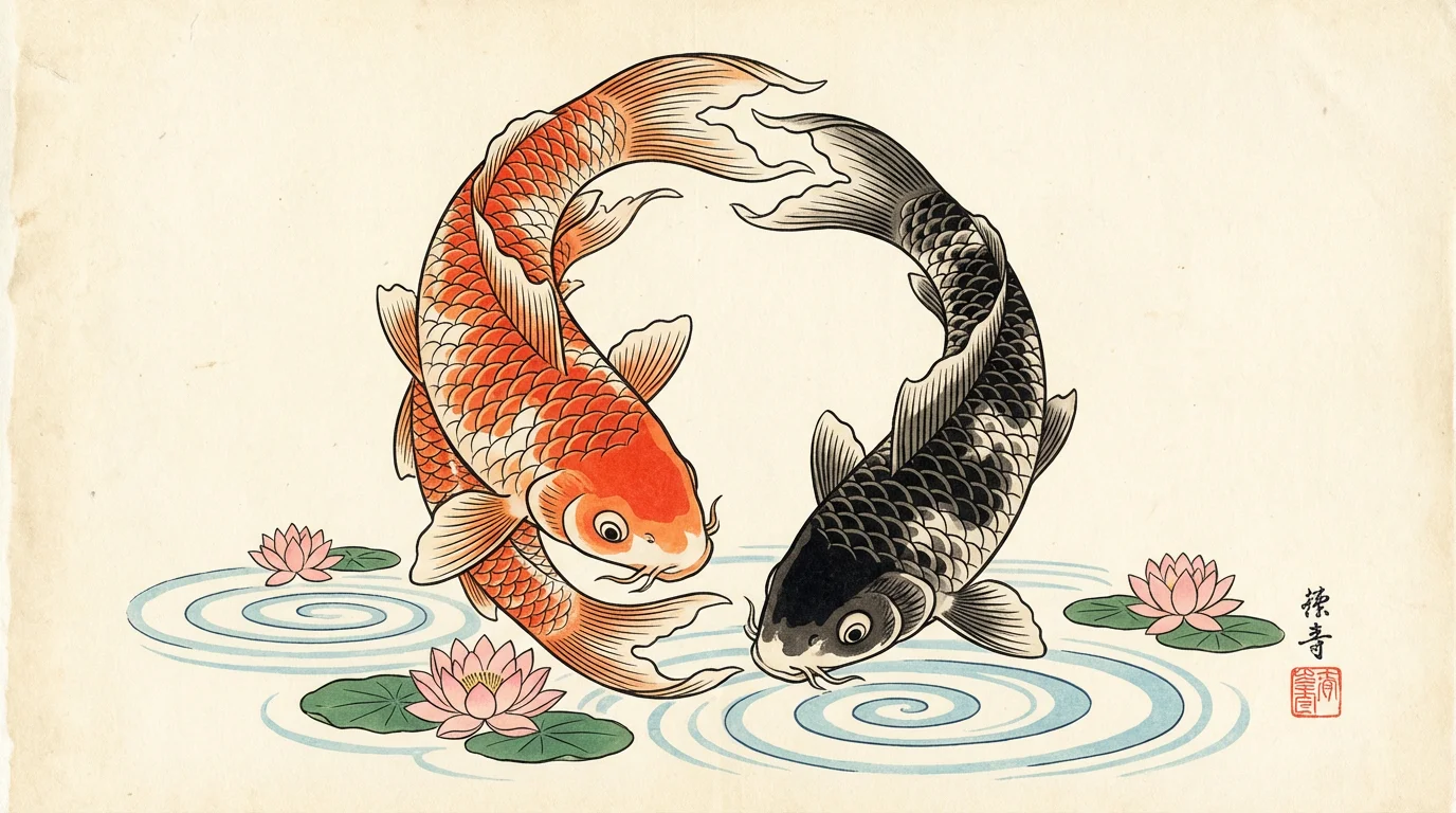 An elegant, Japanese ukiyo-e style illustration of an orange koi and a black koi fish swimming in a yin-yang formation, set against a clean white background.