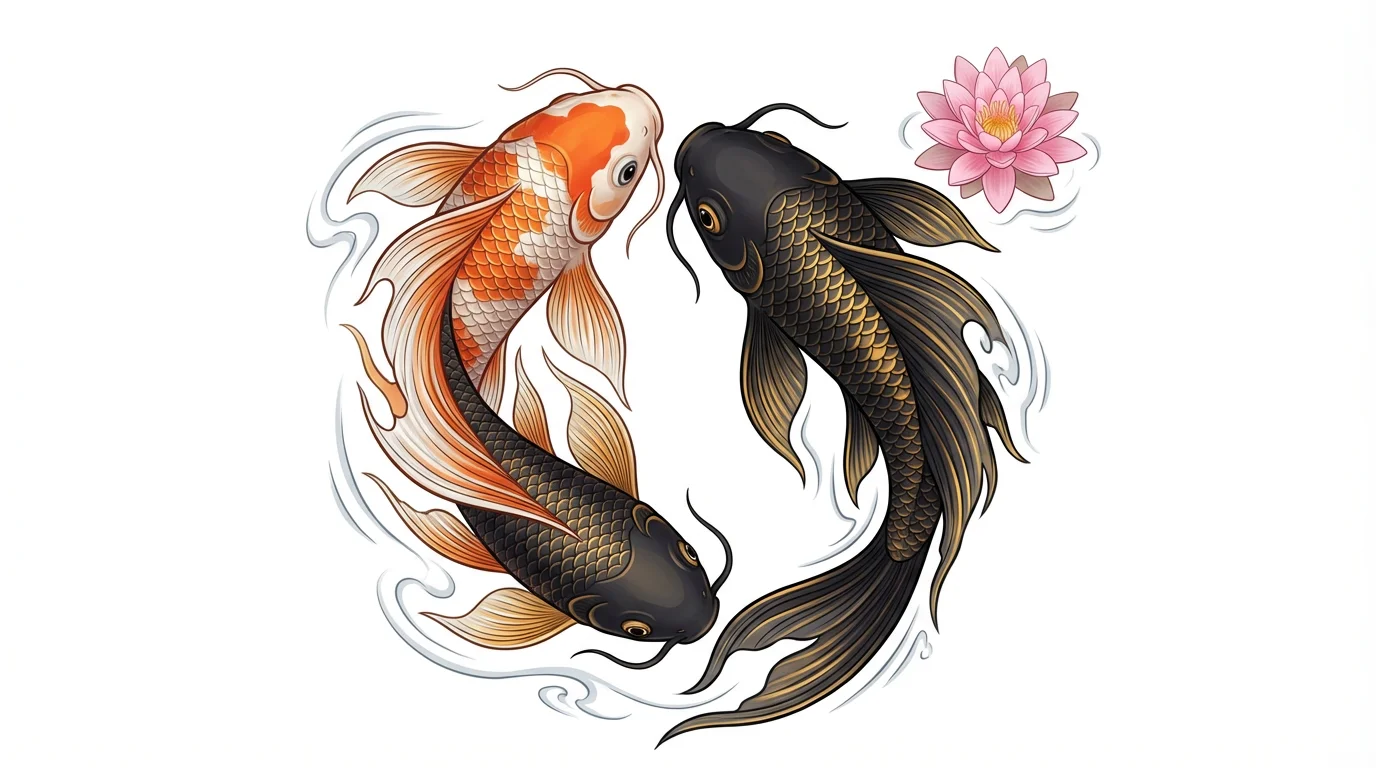 A digital illustration of two koi fish, one orange and one black, swimming in a circle on a white background, in a modern Japanese art style.