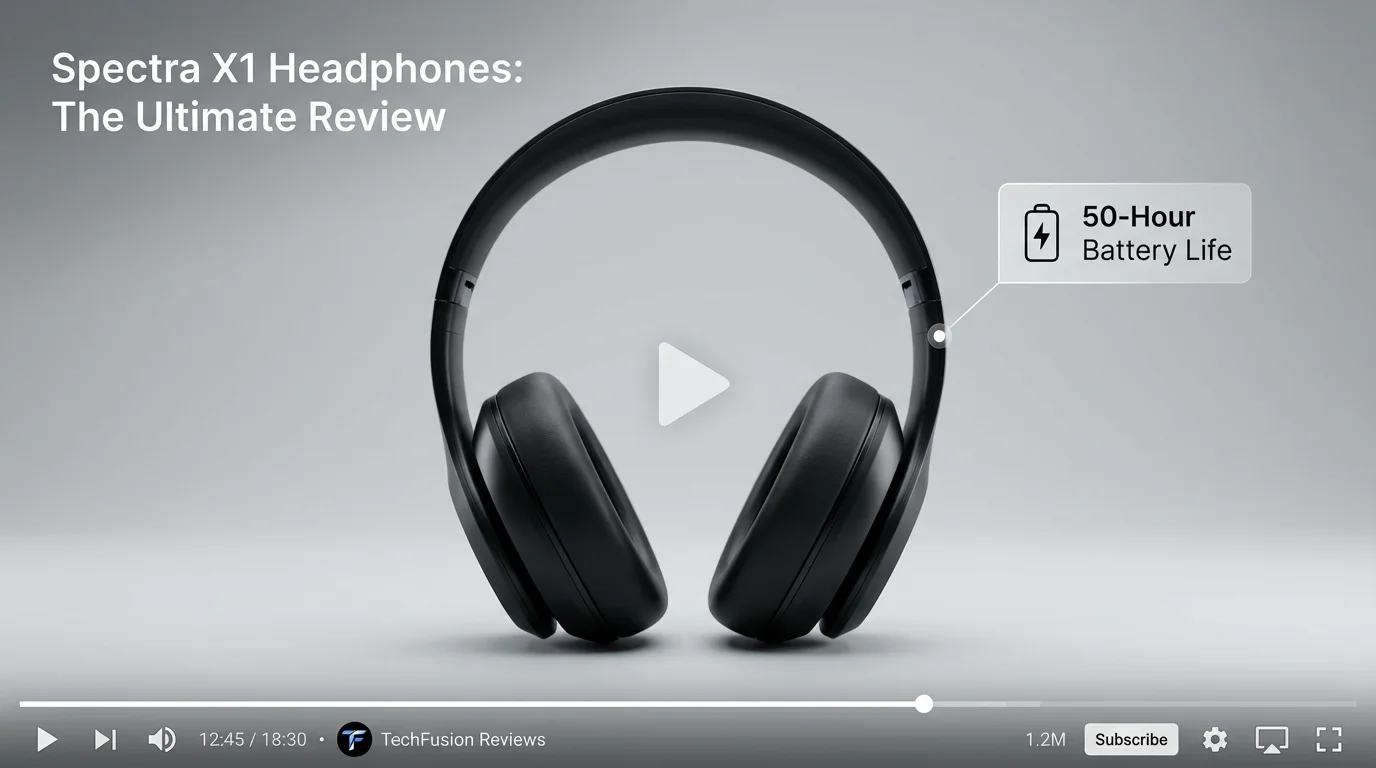 A screenshot of a professional product review video for headphones, showing the product with title text 'Spectra X1 Headphones: The Ultimate Review' and a feature callout for '50-Hour Battery Life'.