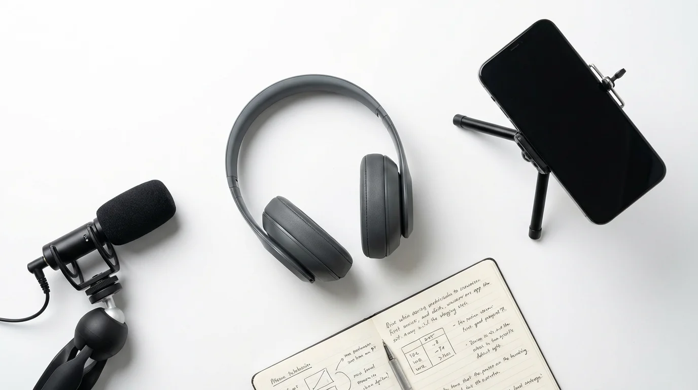 A professional flat lay of a product review video setup, showing wireless headphones, a microphone, and a smartphone on a tripod against a clean white background.