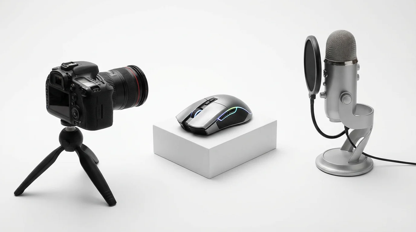 A studio setup for a product review video, featuring a sleek wireless gaming mouse on a pedestal, with a professional camera and microphone pointed towards it, all on a clean white background.