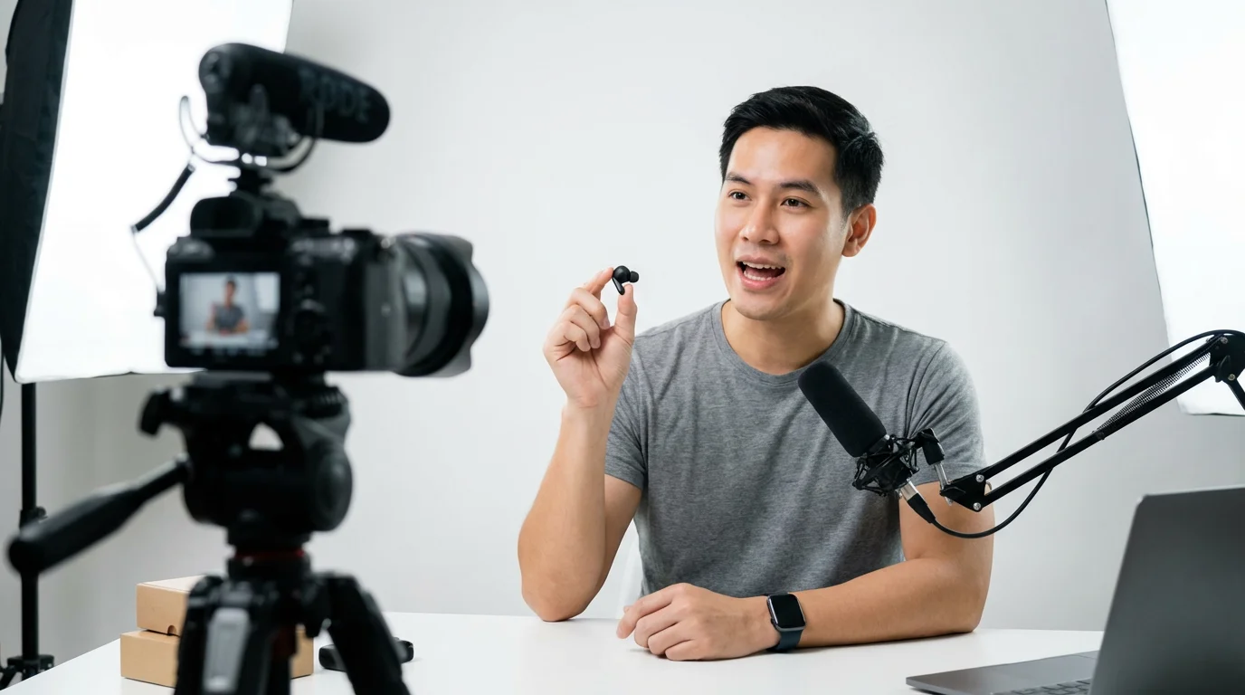 A professional mockup of a product review video being filmed, showing a male vlogger holding up a wireless earbud against a clean white background with a camera and microphone visible.