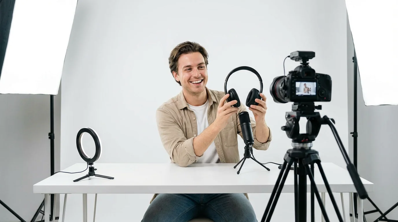 A content creator sitting at a white desk in a studio, enthusiastically reviewing a new tech product for a professional camera.