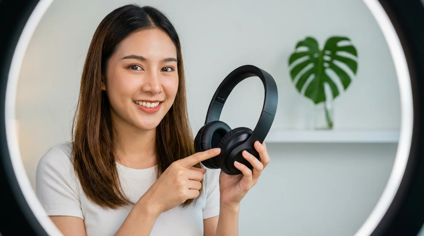 A female content creator in a home studio, holding up black headphones while filming a product review video for the camera.