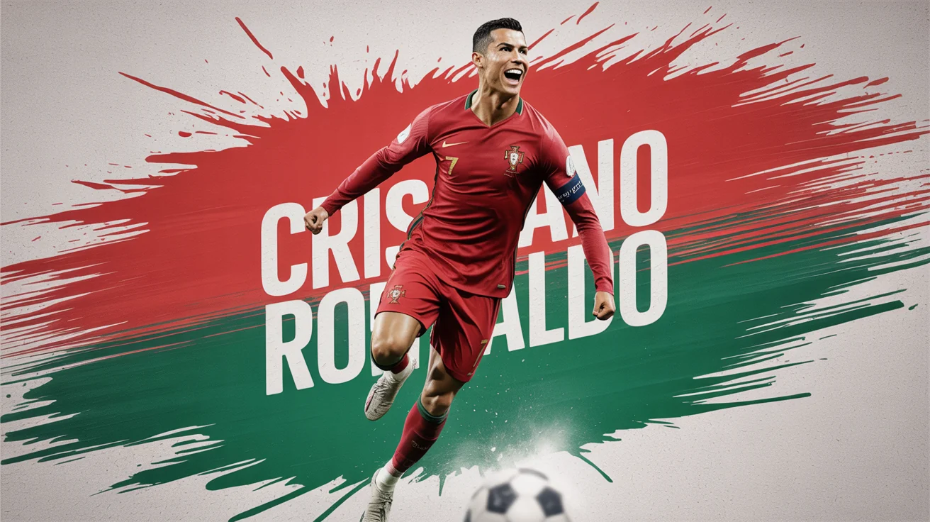 A professionally designed fan art poster of Cristiano Ronaldo celebrating. He's in his red Portugal jersey against an abstract background of red and green paint splatters. His name is written in bold white text.
