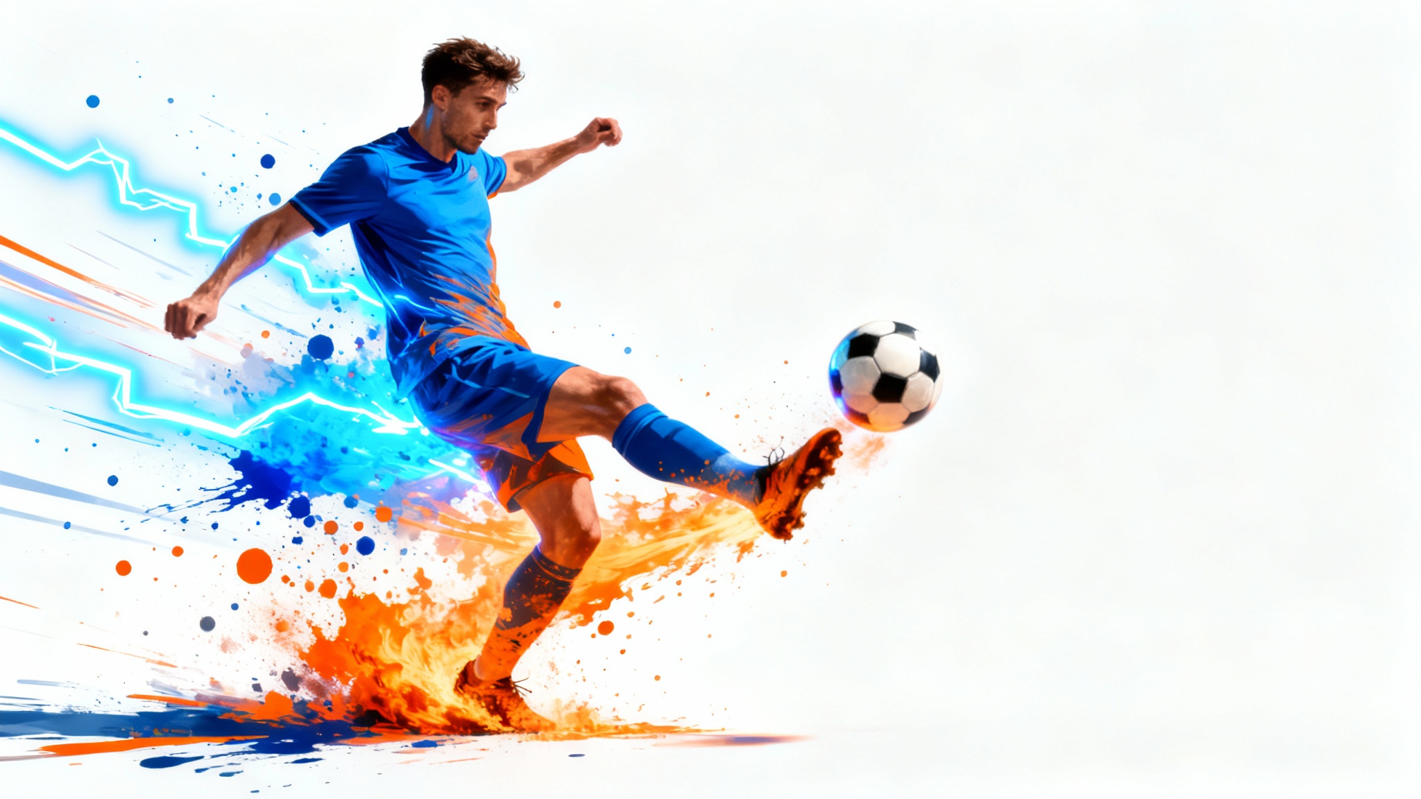 A dynamic digital illustration of a football player kicking a ball, surrounded by colorful paint splatters, on a white background.