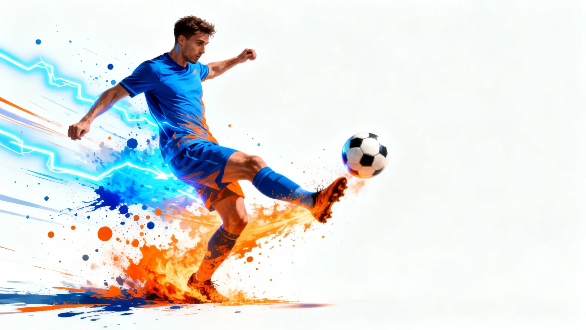 A dynamic digital illustration of a football player kicking a ball, surrounded by colorful paint splatters, on a white background.