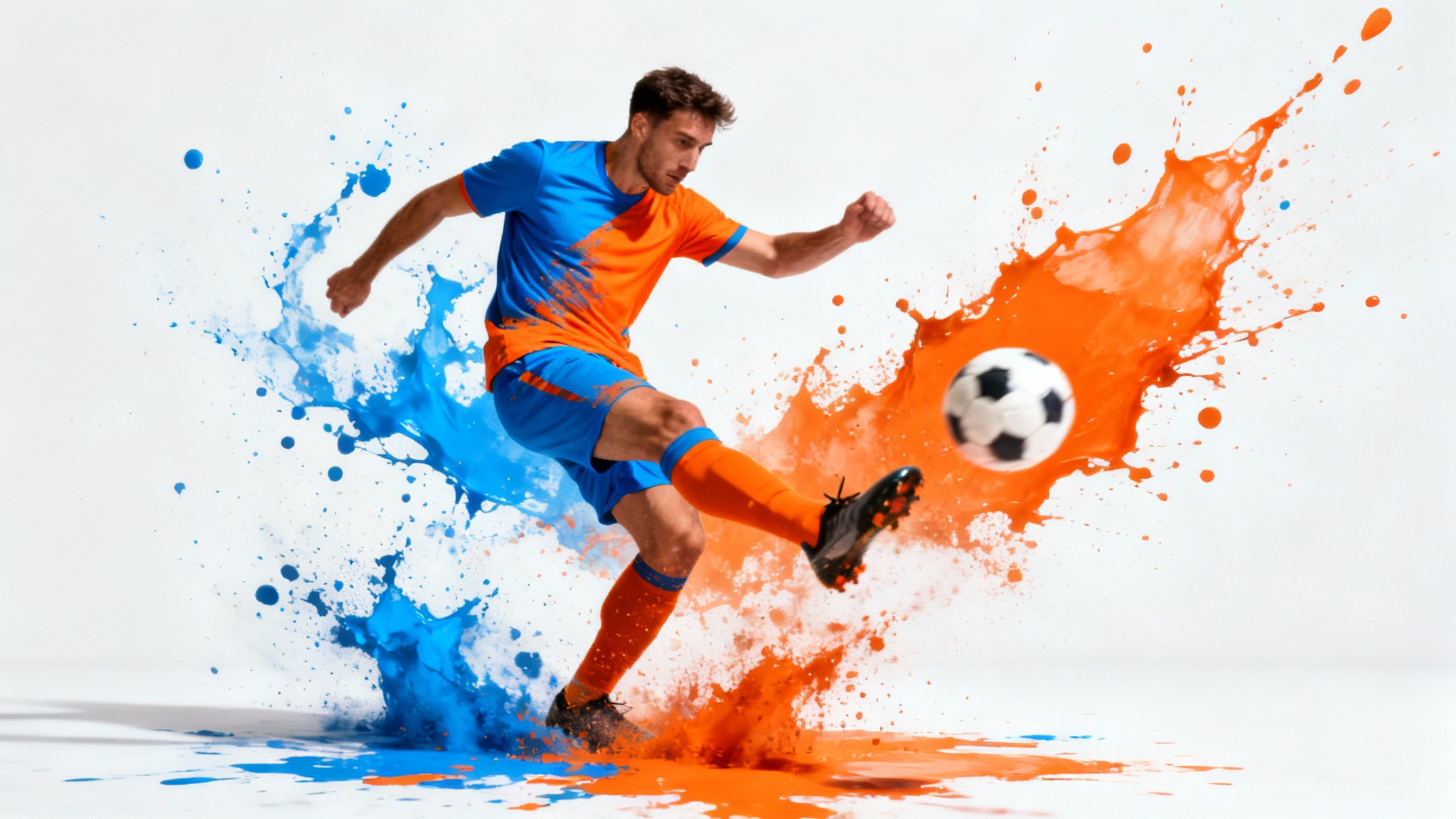 A dynamic piece of fan art showing a football player in a blue and orange uniform kicking a ball, surrounded by abstract paint splatters on a white background.