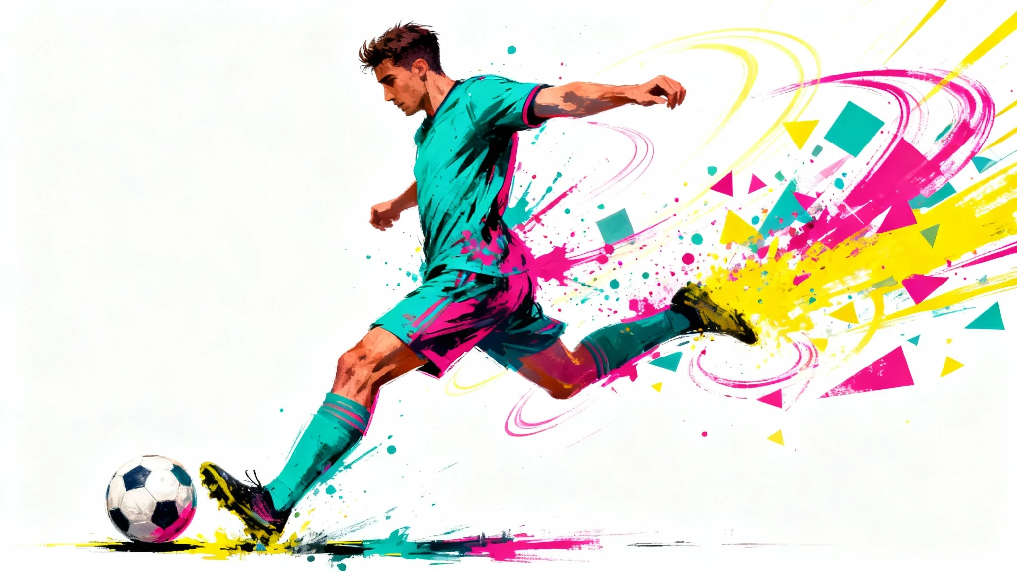 A vibrant piece of football fan art showing a player mid-kick, created with explosive splashes of colorful paint in a street art style against a plain white background.