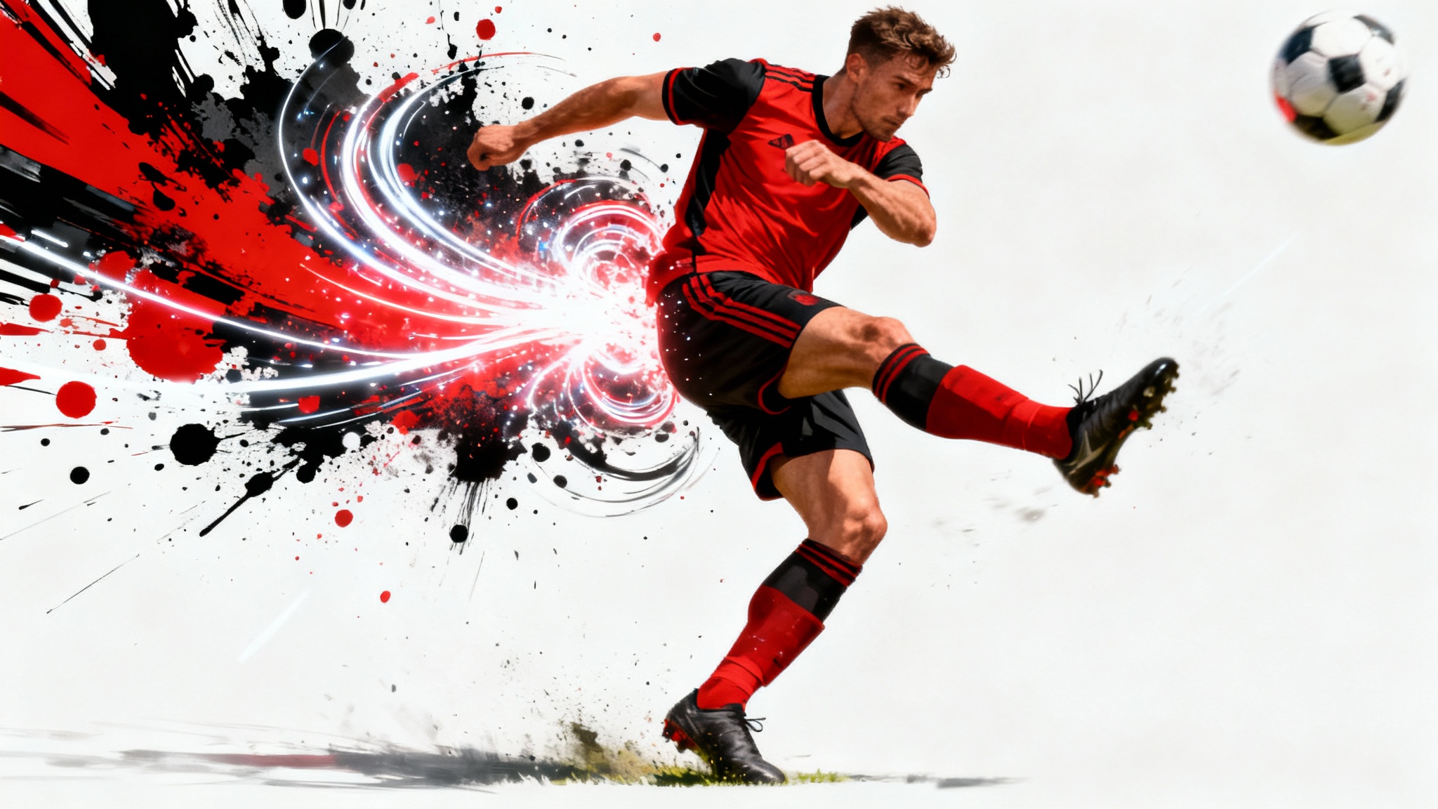 A dynamic piece of football fan art showing a player in a red and black uniform kicking a ball, with explosive splashes of red and black paint erupting from the impact, all set against a clean white background.