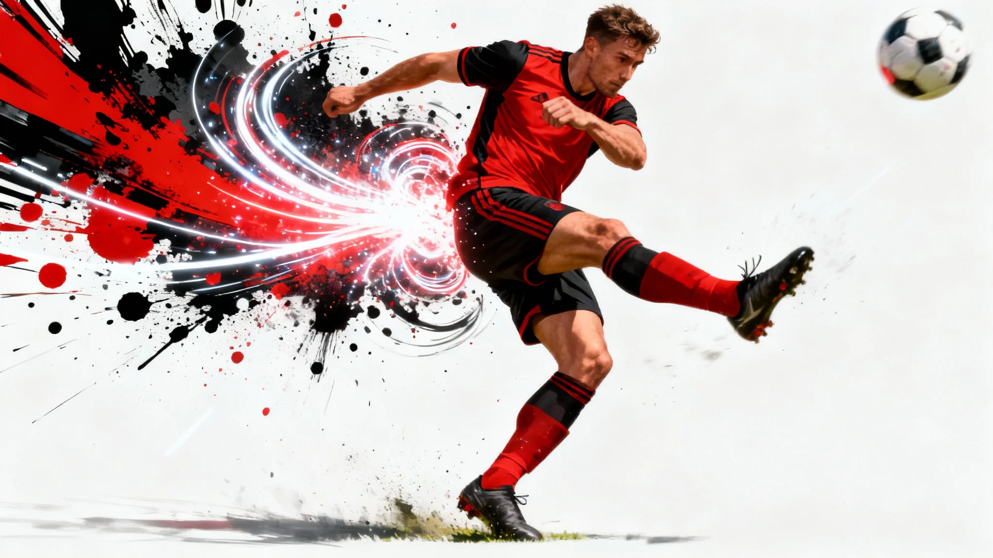 A dynamic piece of football fan art showing a player in a red and black uniform kicking a ball, with explosive splashes of red and black paint erupting from the impact, all set against a clean white background.