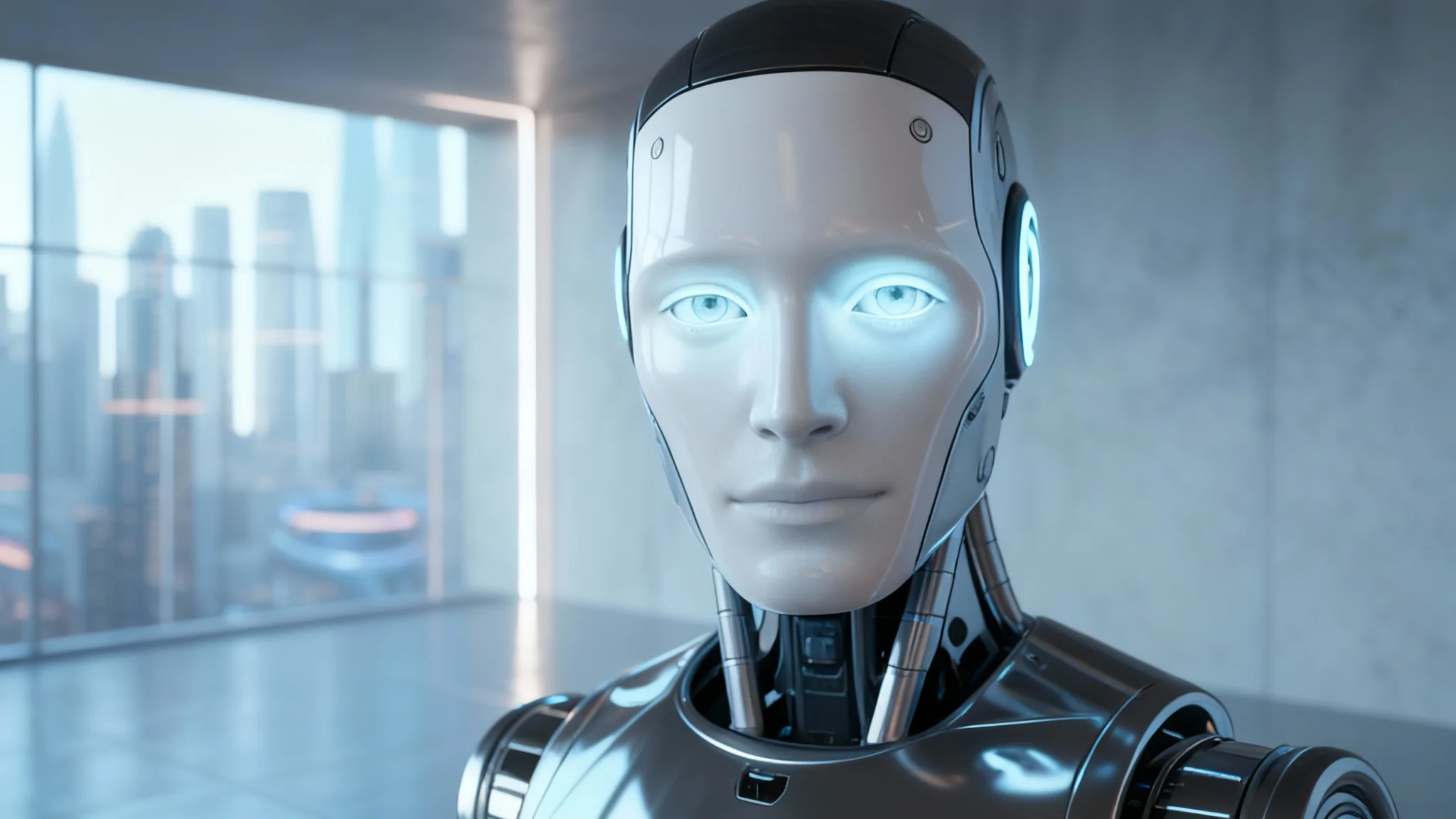 A close-up of a metallic humanoid robot looking directly into the camera, showcasing the effect of an eye contact correction tool.