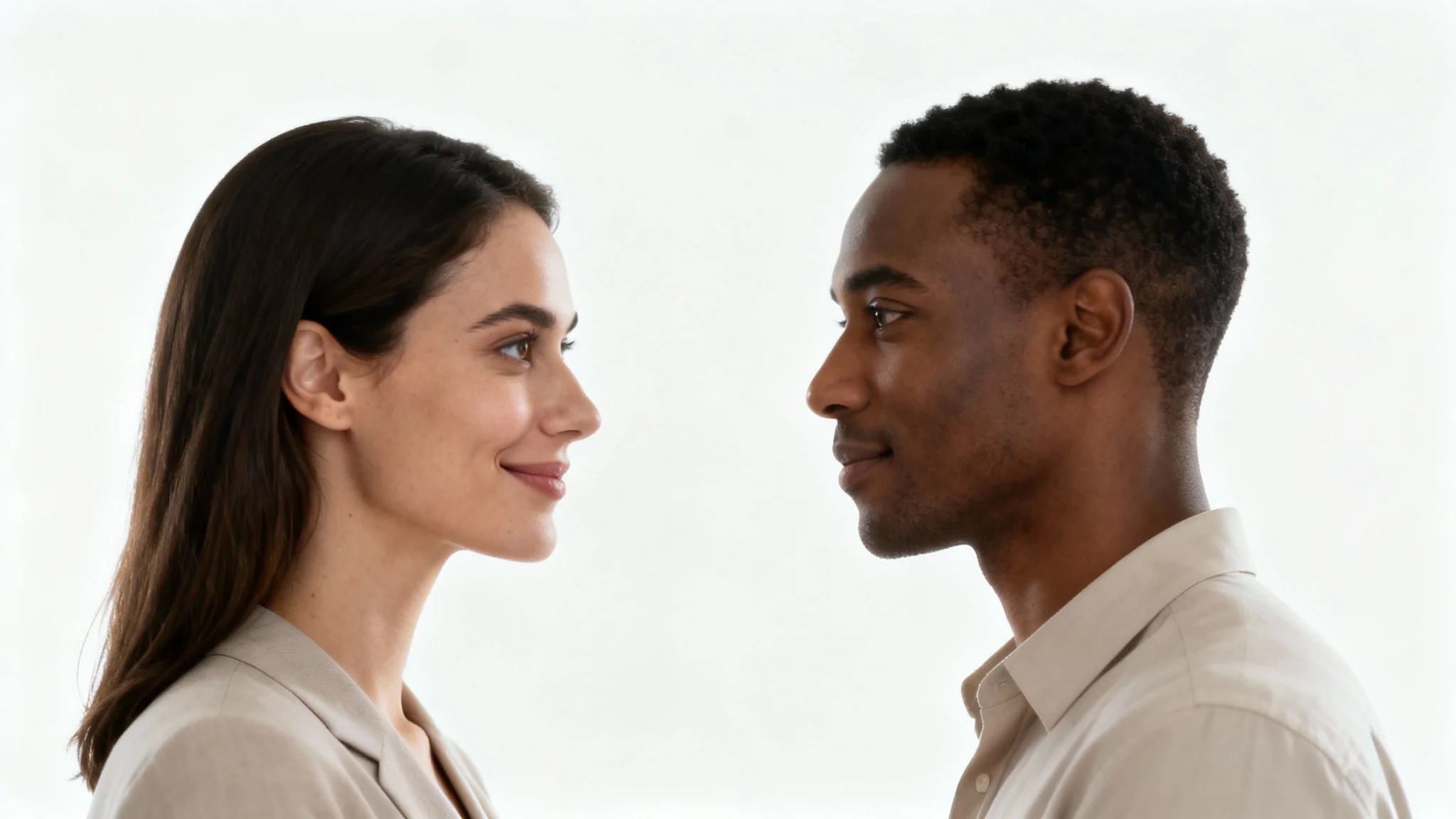 A man and a woman in professional attire making direct and confident eye contact against a clean white background, symbolizing trust and communication.