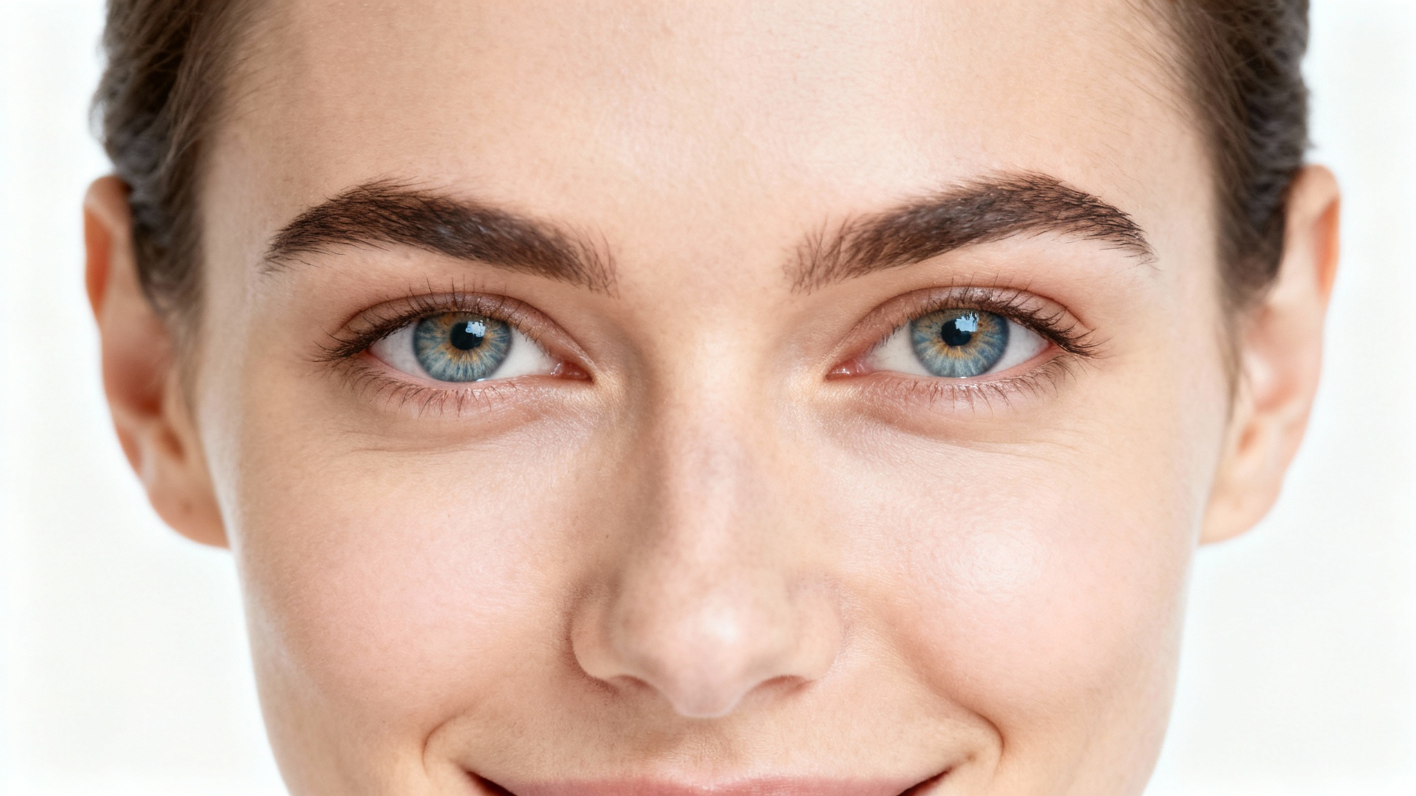 A tight, close-up photograph of a person's eyes, looking directly into the camera with a confident and engaging expression against a plain white background.