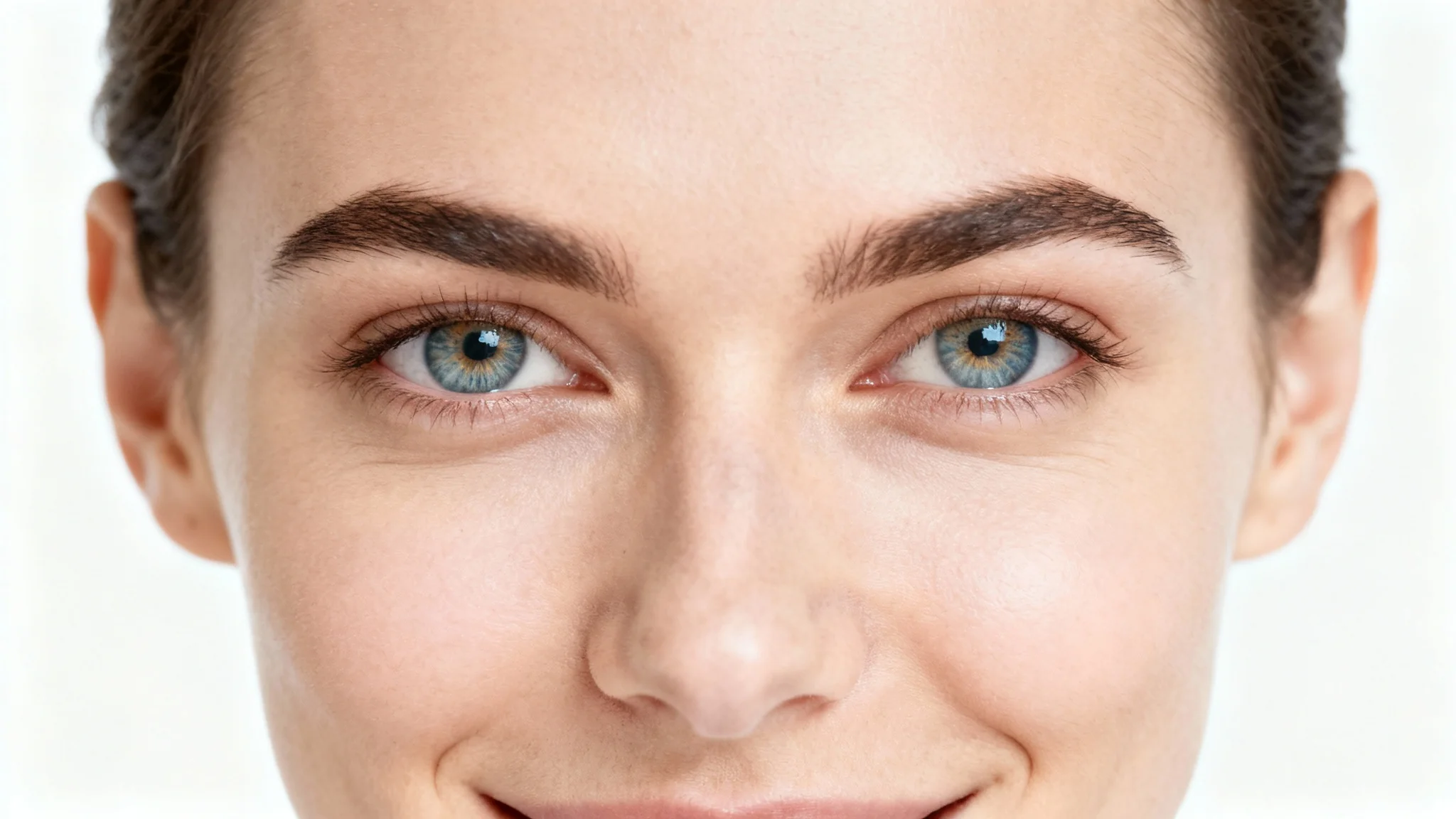 A tight, close-up photograph of a person's eyes, looking directly into the camera with a confident and engaging expression against a plain white background.