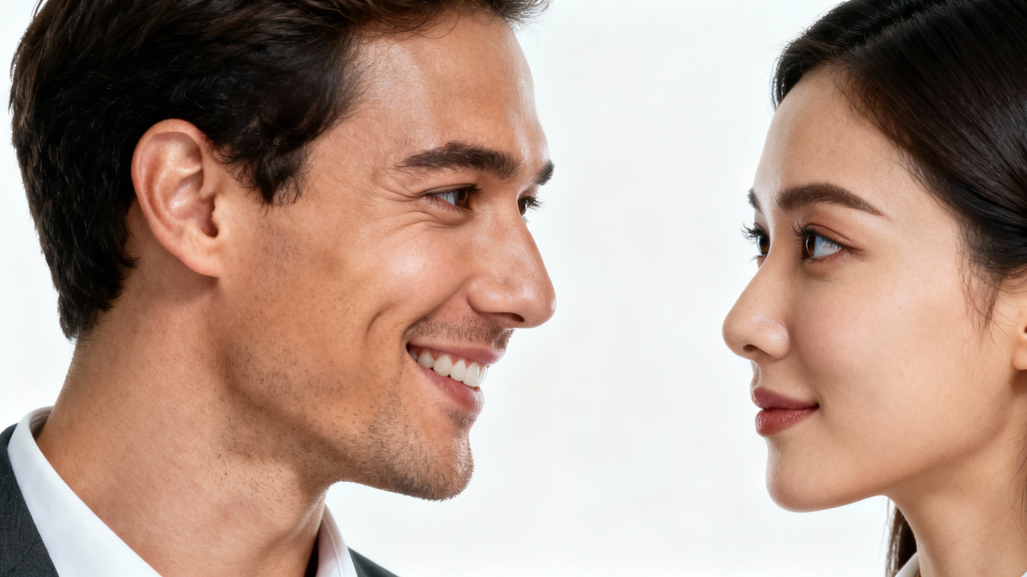 A close-up photograph of a man and a woman in a professional setting making direct, confident eye contact against a clean white background.